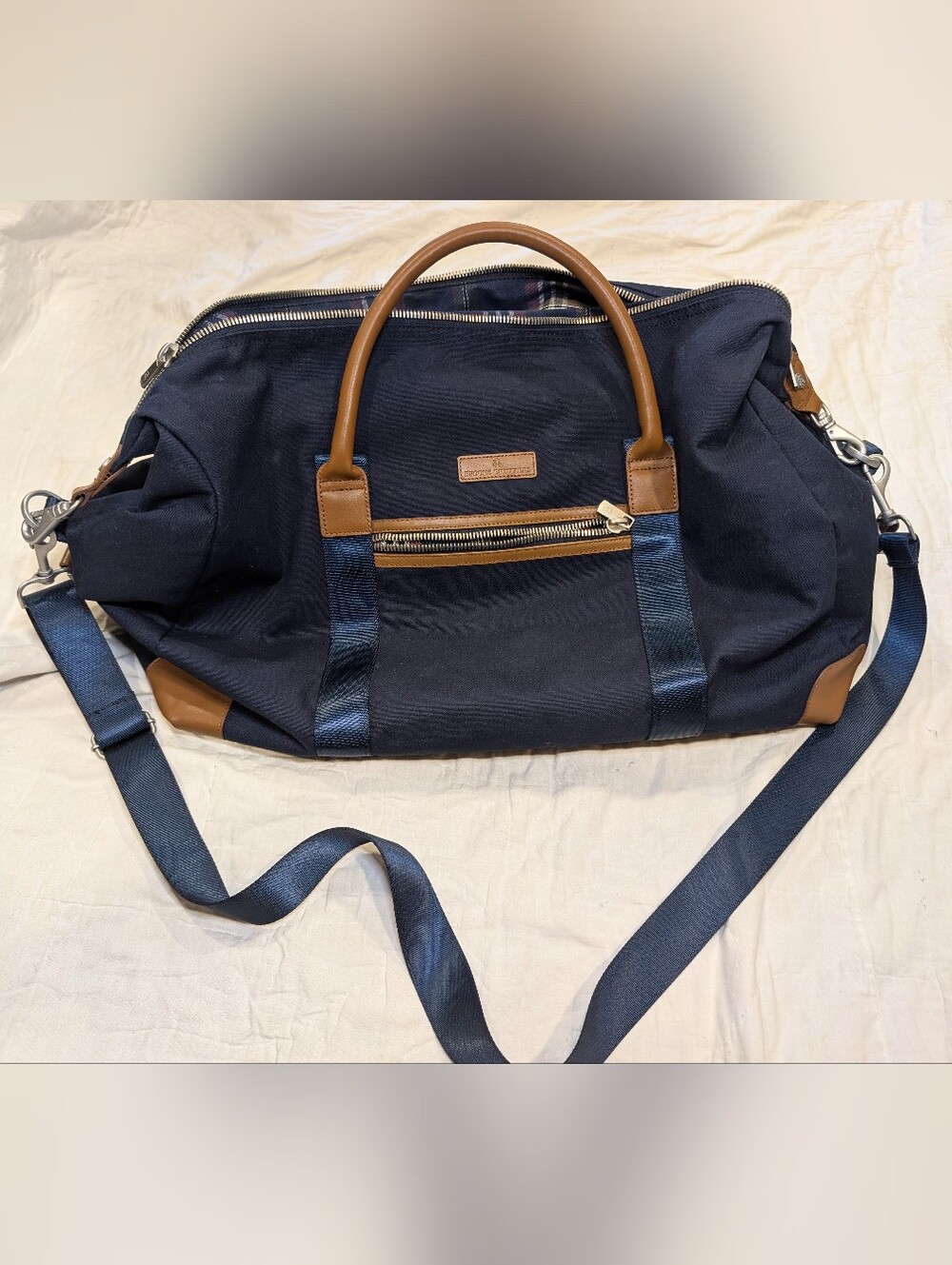 Brooks Brothers Wells Canvas & Leather Weekender Duffel Bag Navy Plaid